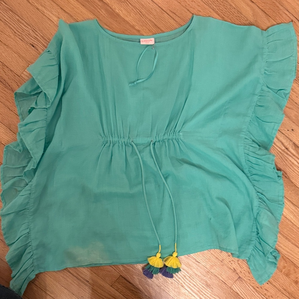 Lison ParisTeal Ruffle Sleeve Drawstring cover up girls